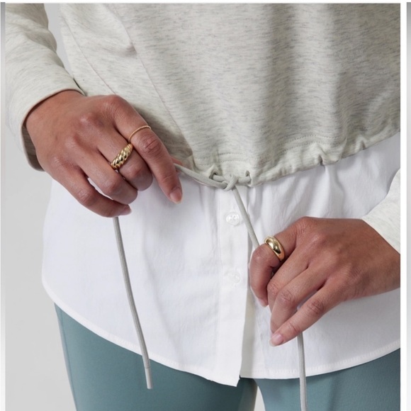 Athleta Hoodie Heather Gray & white Poplin Long Sleeve Tie waist Popover Top - Picture 9 of 12